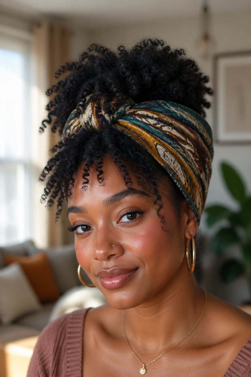 Close-up of a real woman in a headwrap puff with hair left out showing curls through the wrap
