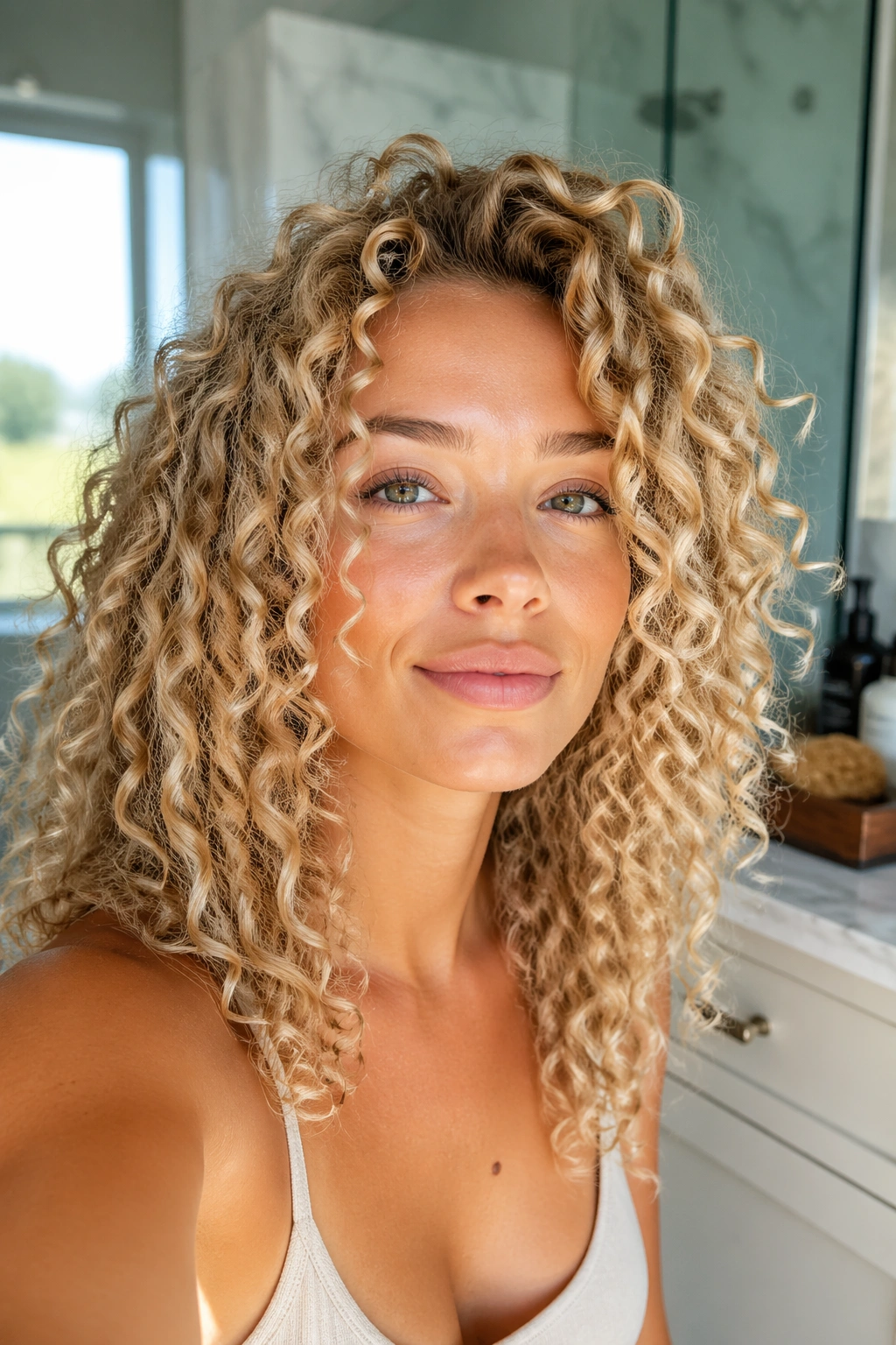 Portrait of healthy blonde curls showing moisturized texture