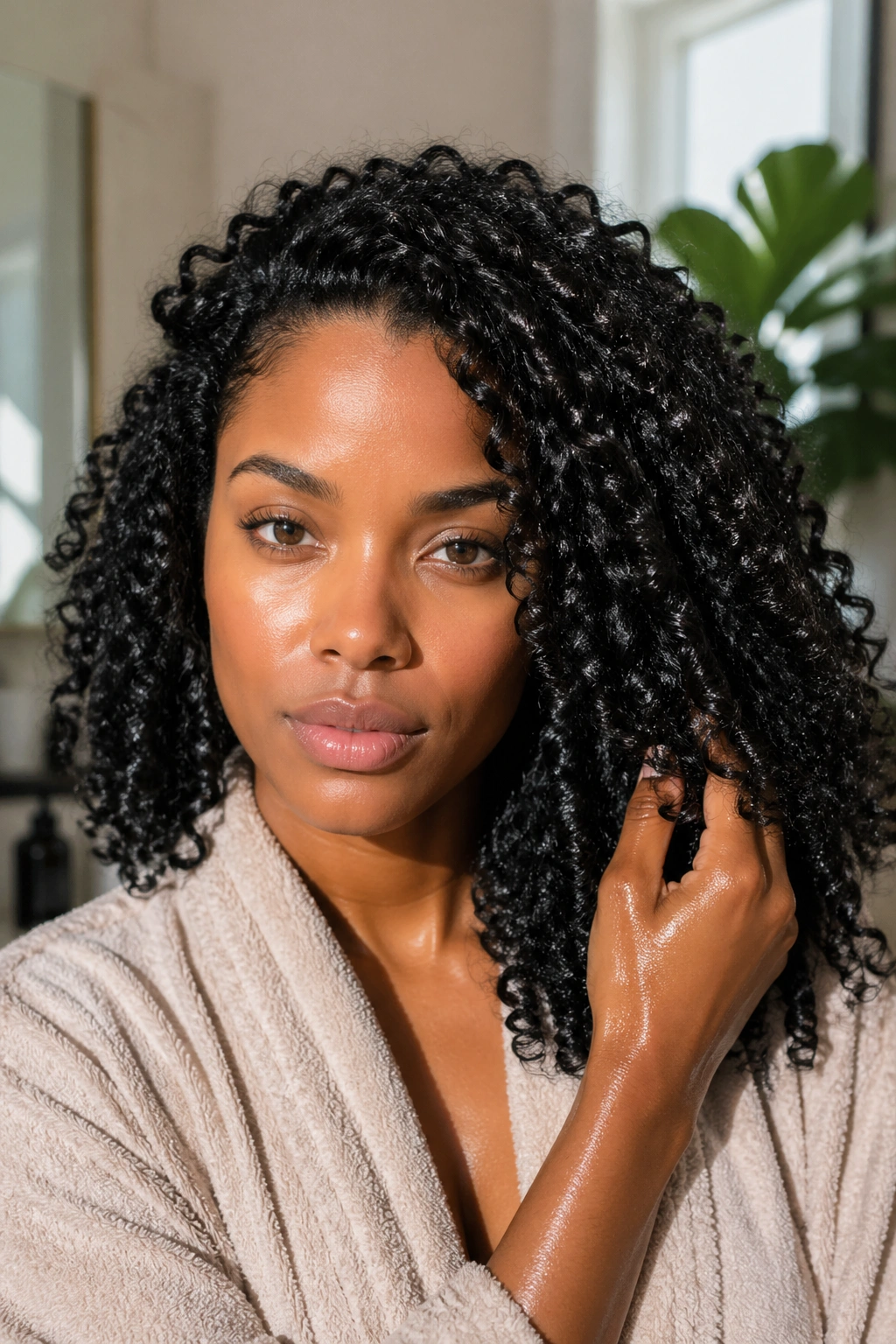 Close-up of hydrated natural curls on a Black woman preparing for formal styling