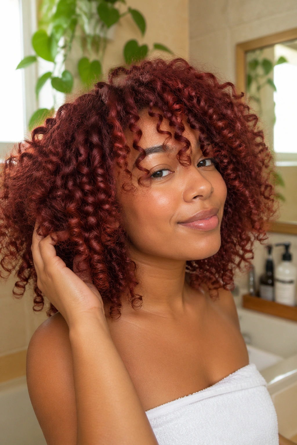 Close-up of a real person with glossy dyed curls in healthy condition.