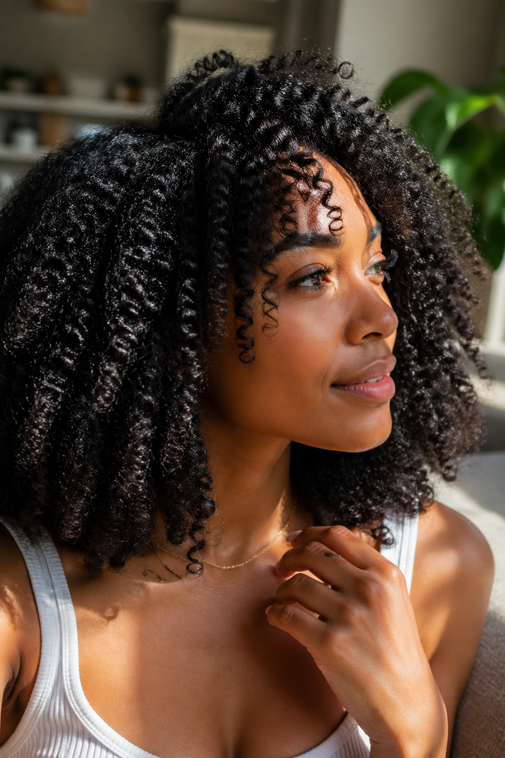 Portrait of a real woman with healthy, glossy curls.