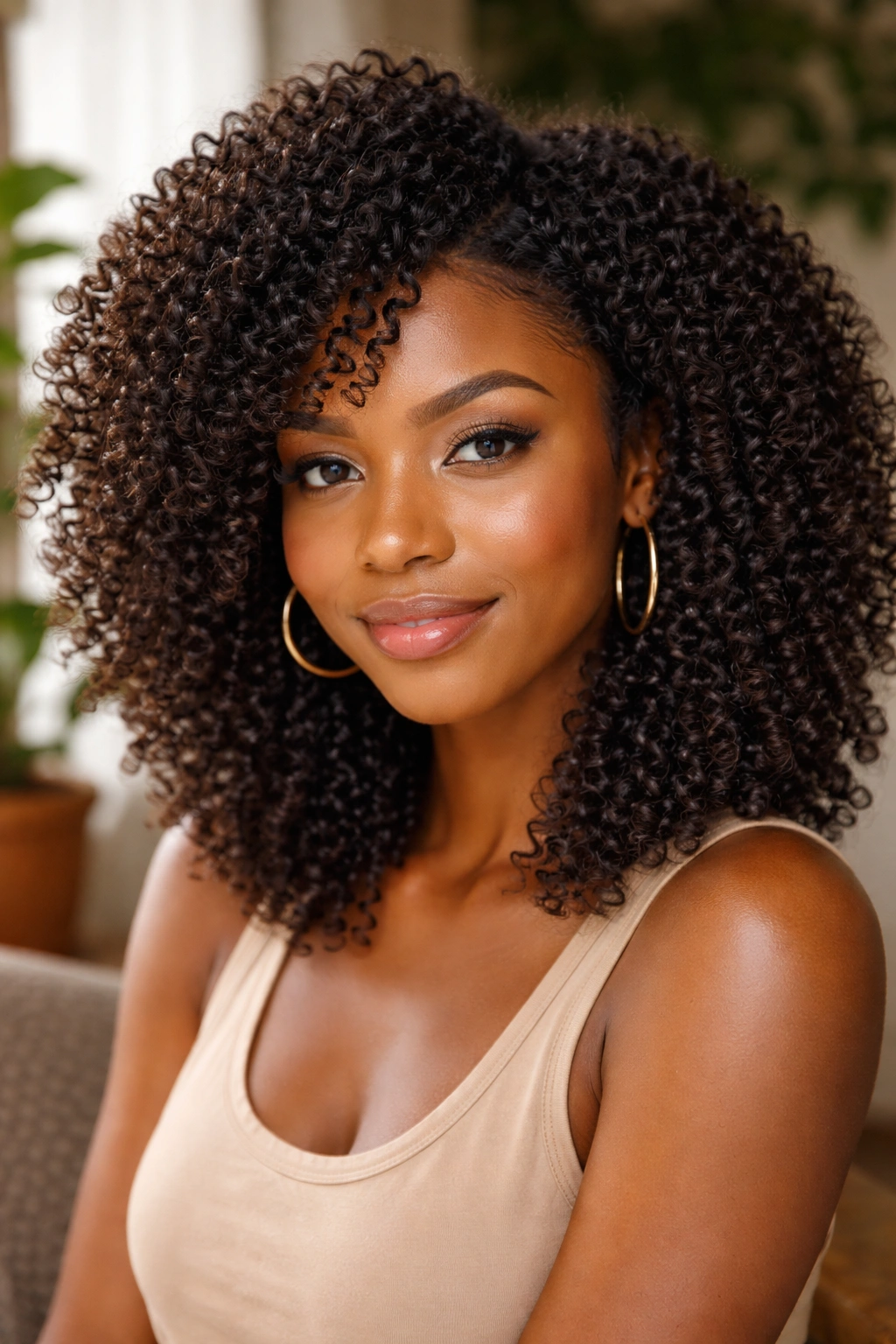 Close-up of a real person with moisturized tight curls in natural window light