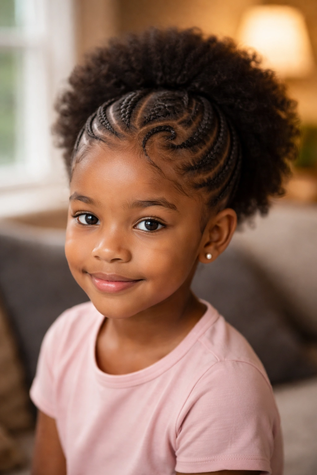 Front close-up of heart-shaped cornrow part on a young girl