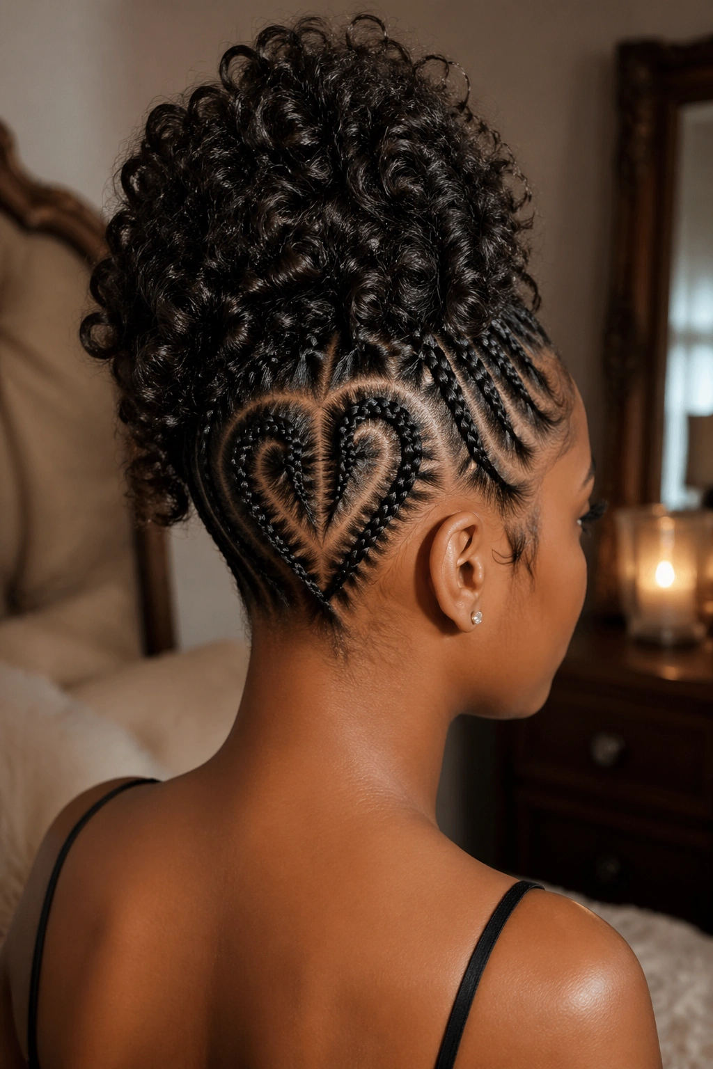 Rear profile of real woman with heart-shaped cornrows and curly crown updo.
