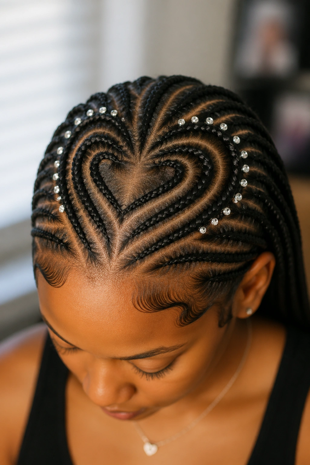 Heart-shaped cornrow design with mini crystal beads on real person
