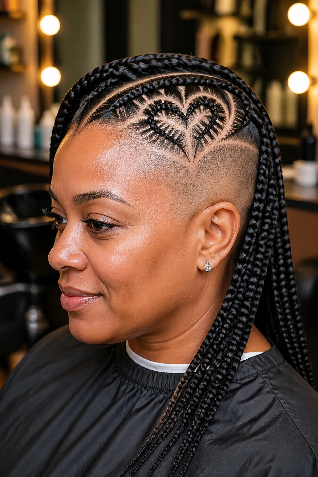Close-up portrait of a real person with heart-shaped cornrow parts and shaved side.