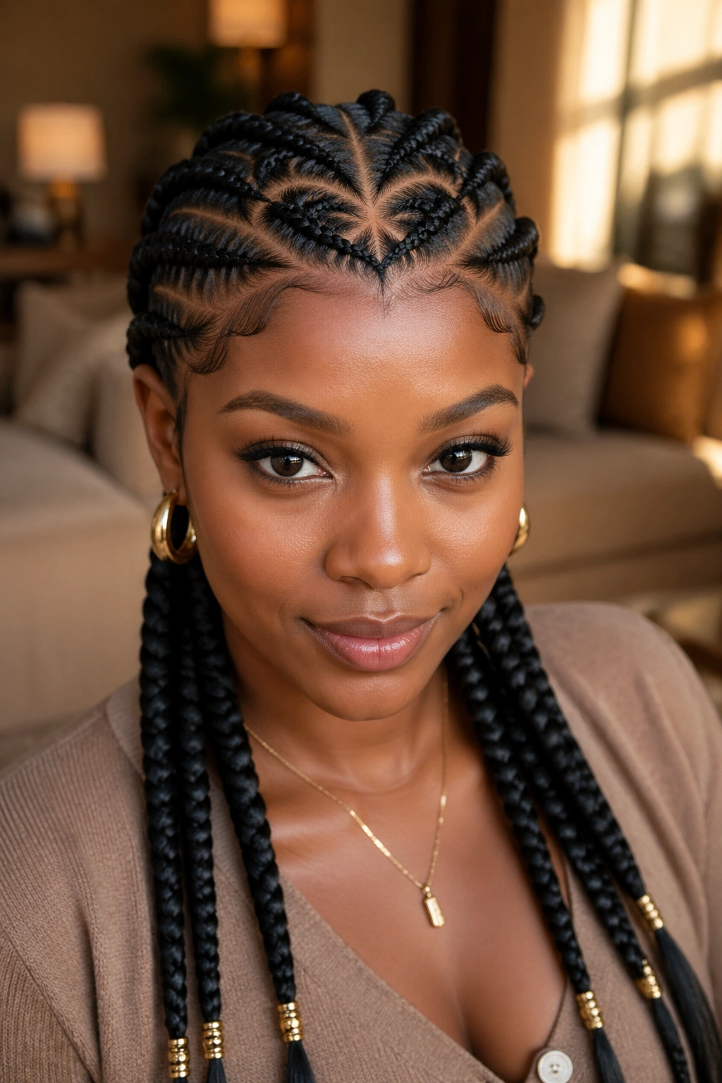Close-up of a real woman with Heart Criss Cross front braids and gold cuffs