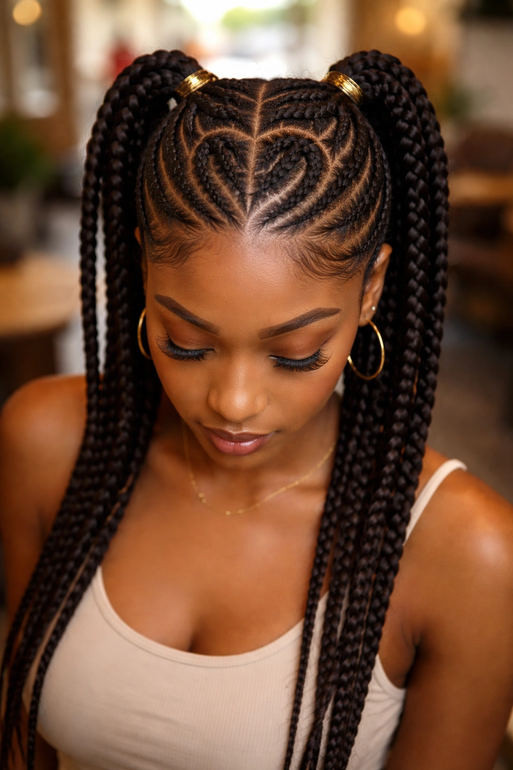Heart-shaped crown cornrows with two pigtails