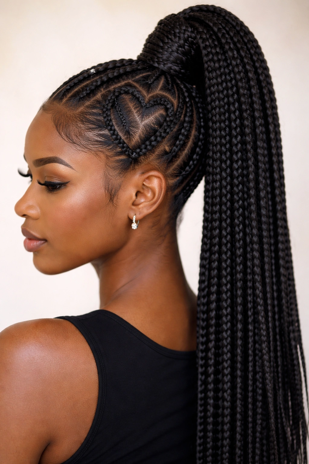 High pony featuring a heart-shaped braid design on the scalp.