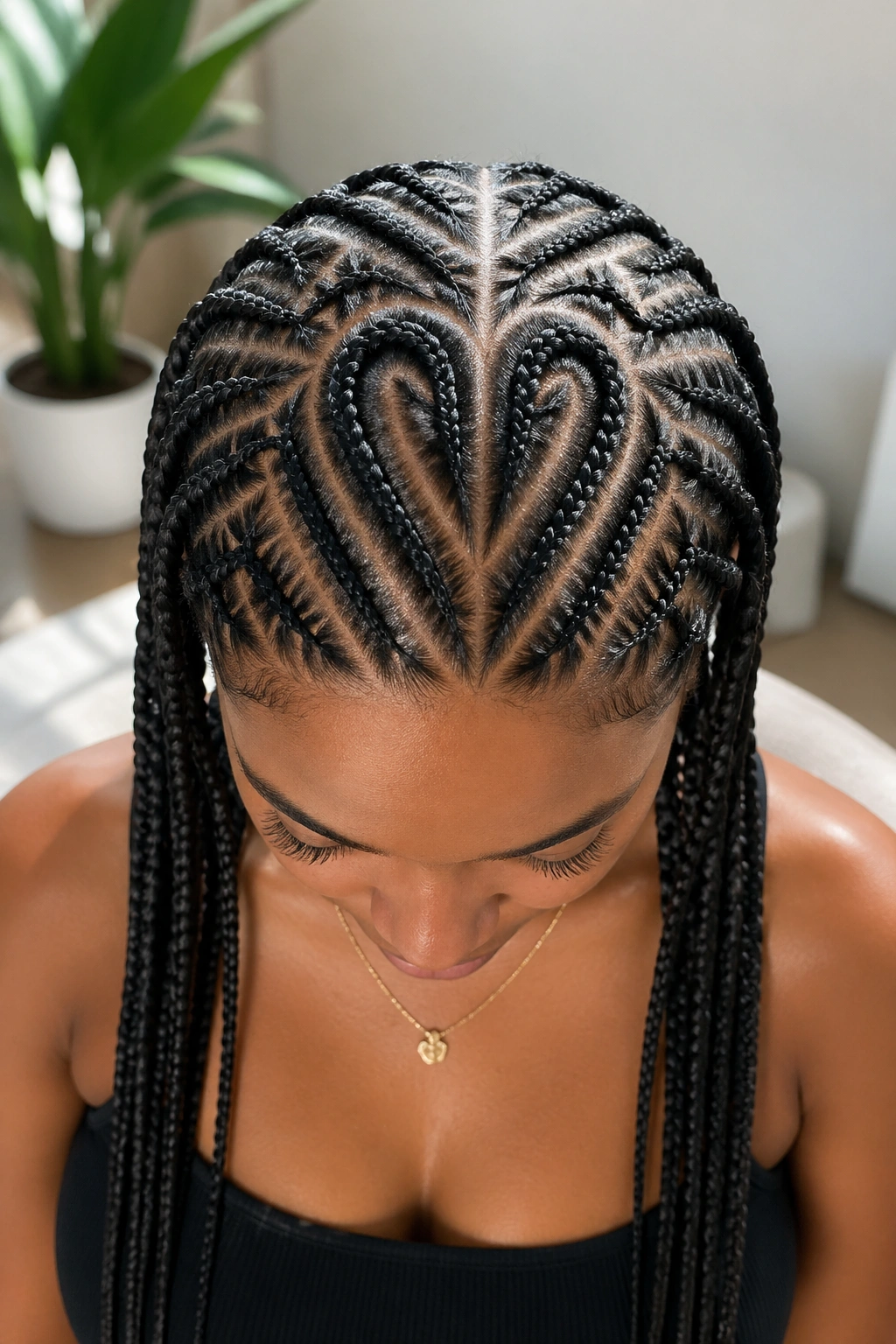Top-down view of a real woman's scalp with heart and geometric cornrow designs