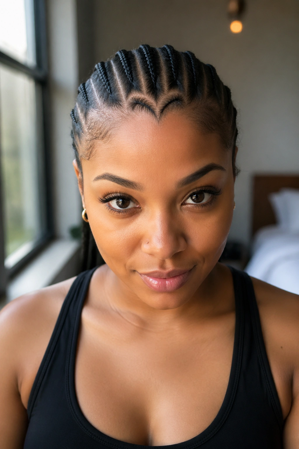 Close-up of a real woman with straight-back cornrows and a heart-shaped hairline detail