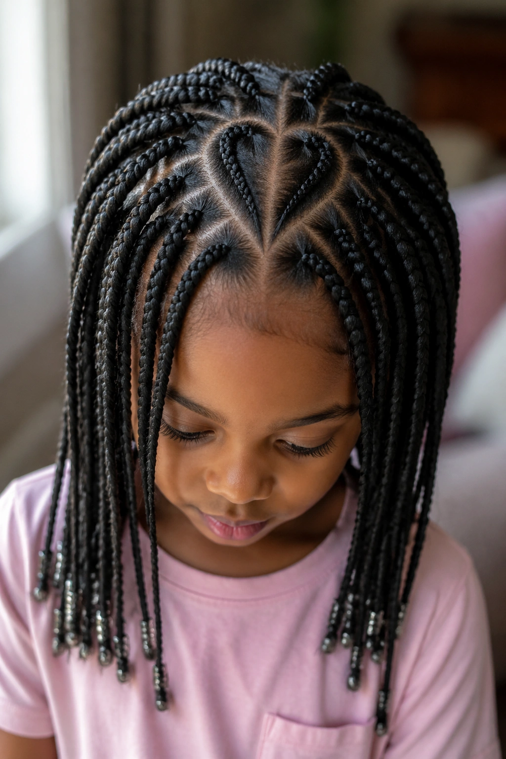 Close-up of a real child with a heart-shaped part in box braids