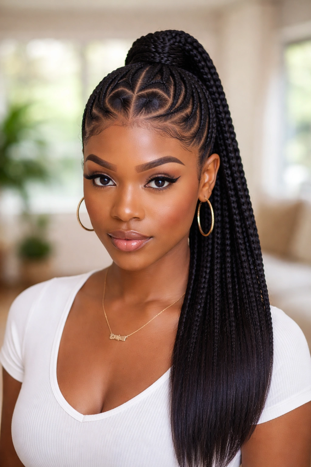 Front view of a real woman with heart-part braided ponytail