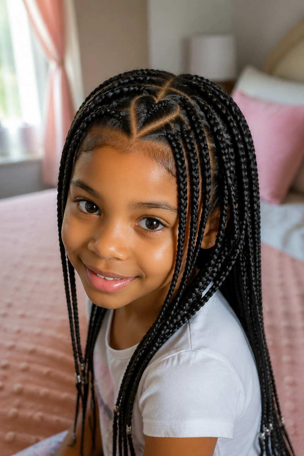 Close-up of a young girl with a heart-part in box braids, warm bedroom light.
