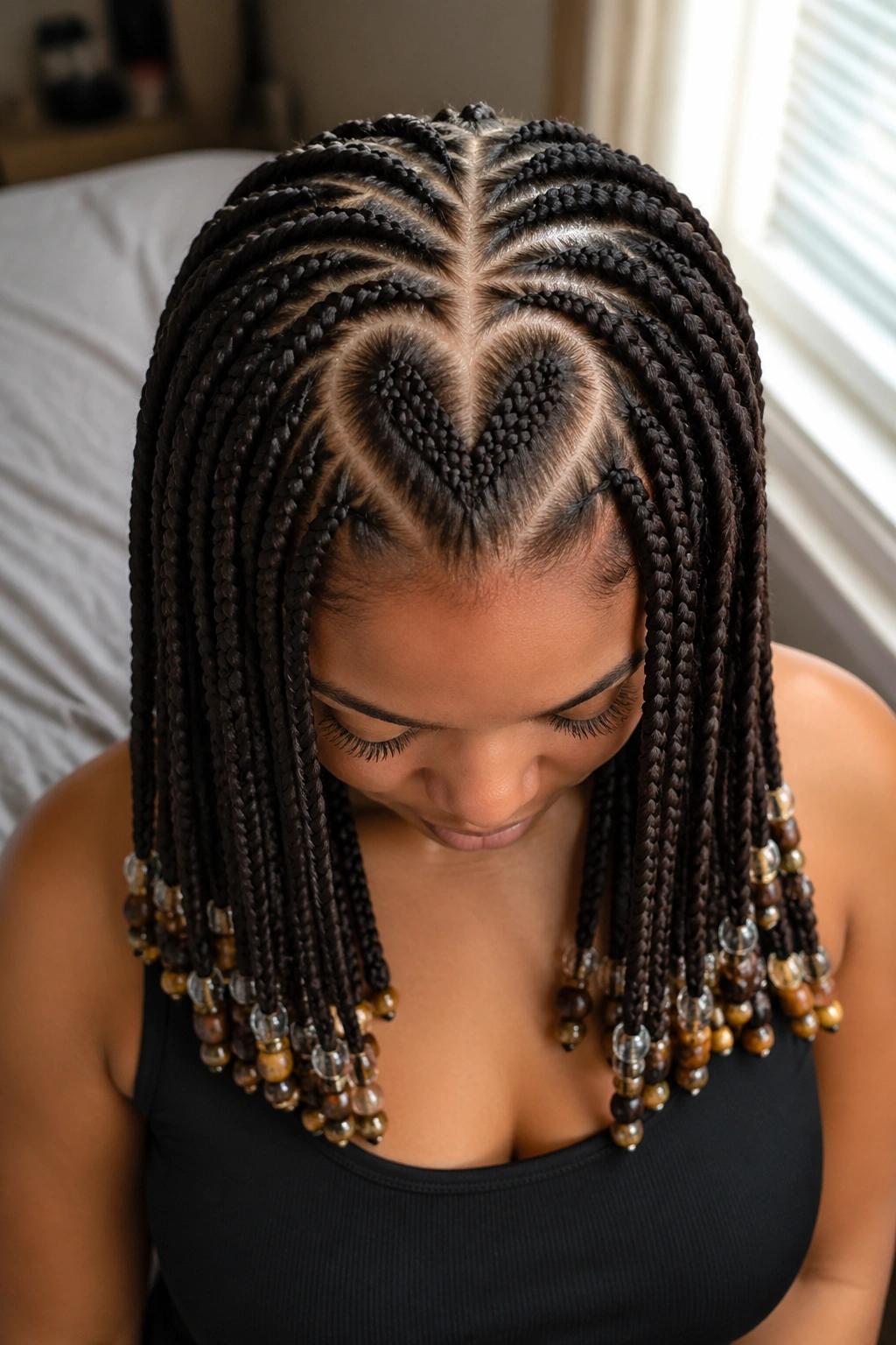 Close-up of a real person with a heart-shaped part and beaded ends.