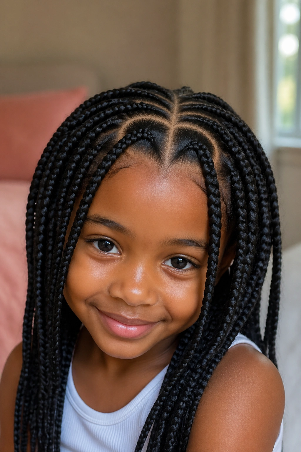 Close-up of a young girl with a heart-shaped part box braids in a cozy bedroom