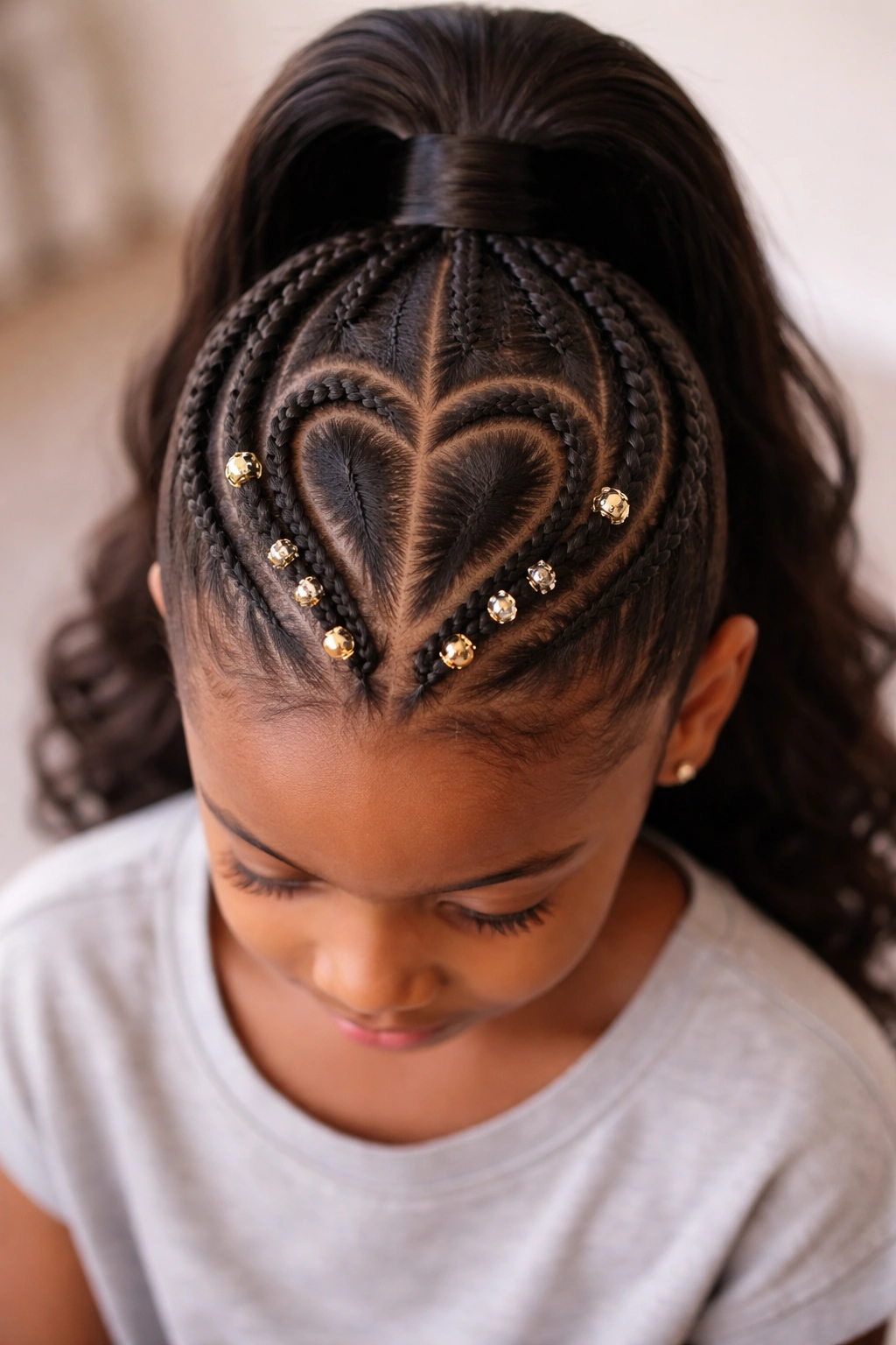 Close-up of heart-shaped scalp part with braided base forming high ponytail, beads and cuffs