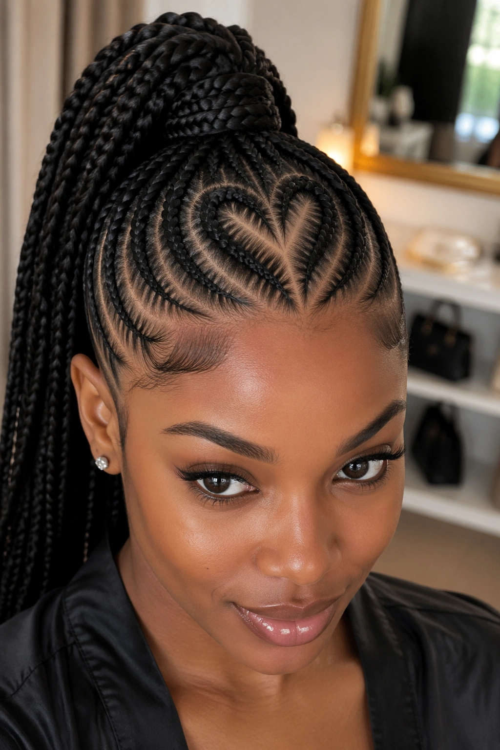 Close-up of a Black woman with a heart-shaped part in cornrows into a high ponytail