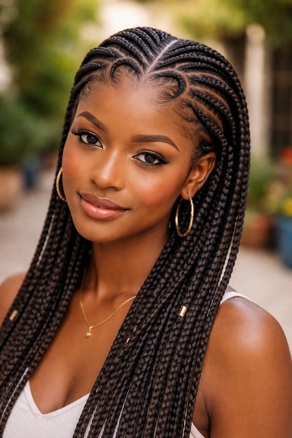 Close-up of Ghana cornrows with heart-shaped parting on a real person