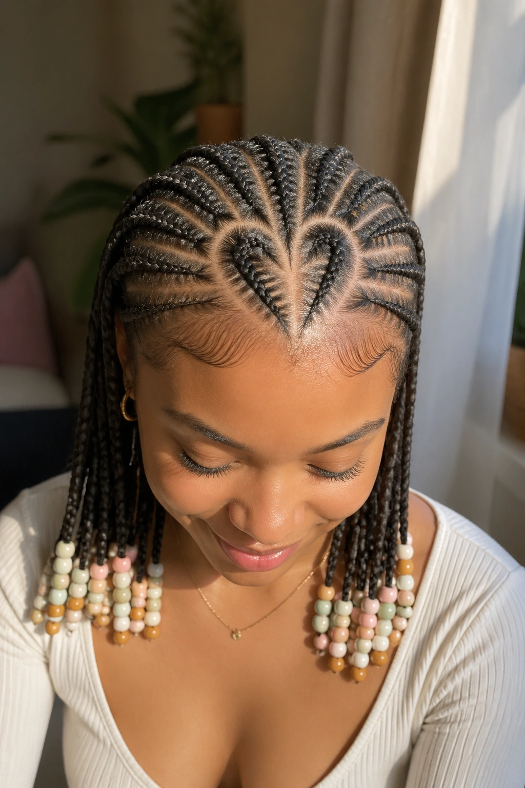 Real person with heart-part cornrows and beaded ends