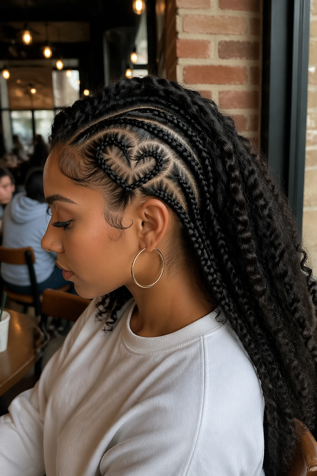 Heart-part cornrows side profile in cafe