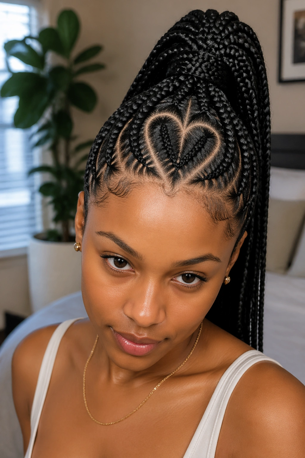 Close-up of a real woman with a heart-part feed-in ponytail, crown heart clearly defined.