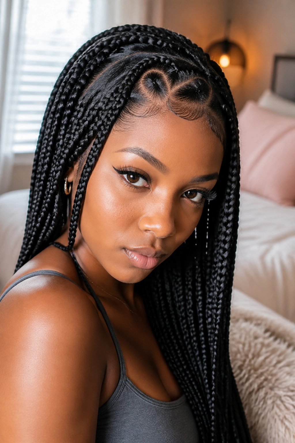 Real woman with heart-part lemonade box braids, close-up portrait.
