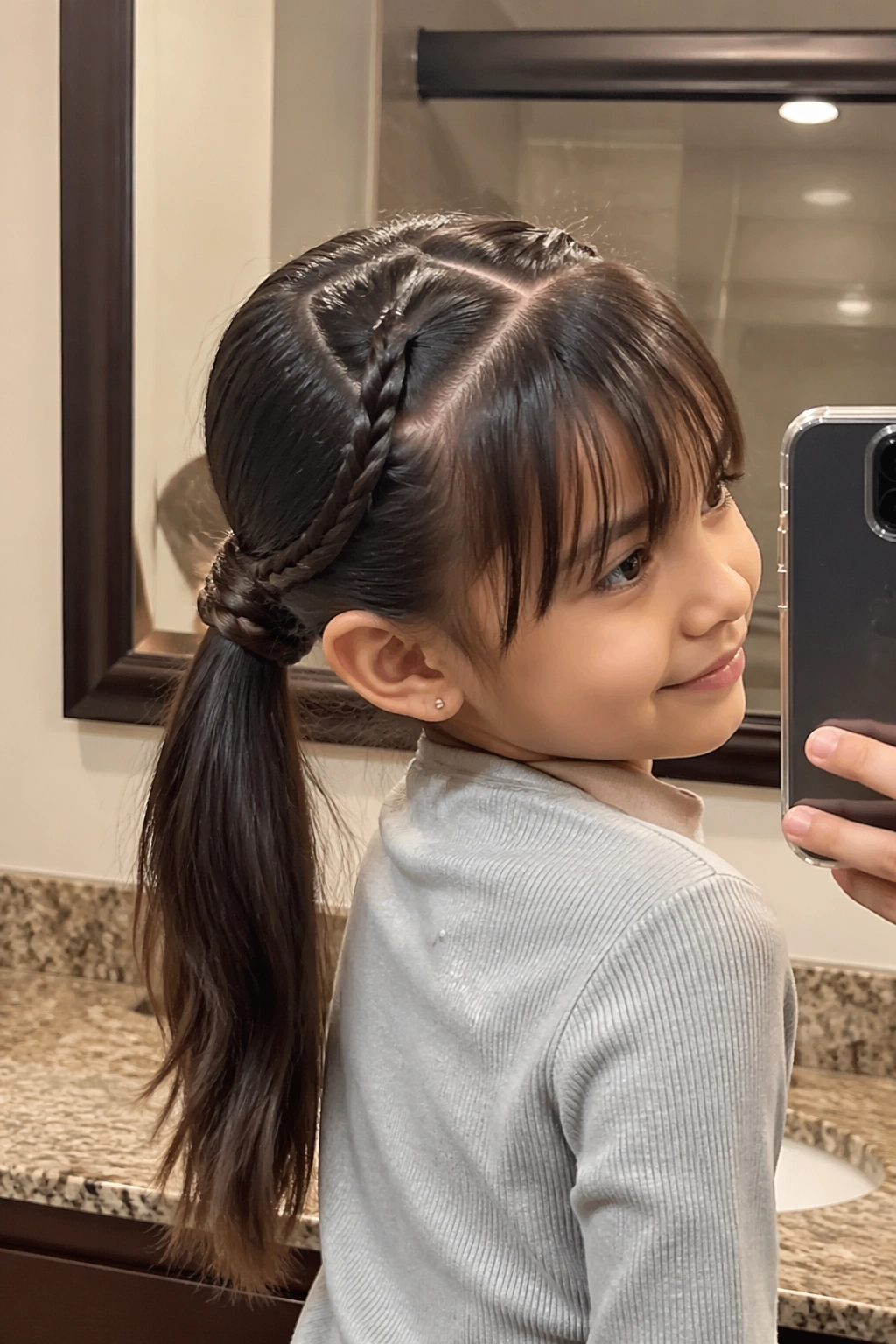 Heart-part ponytail with straight bangs mirrored