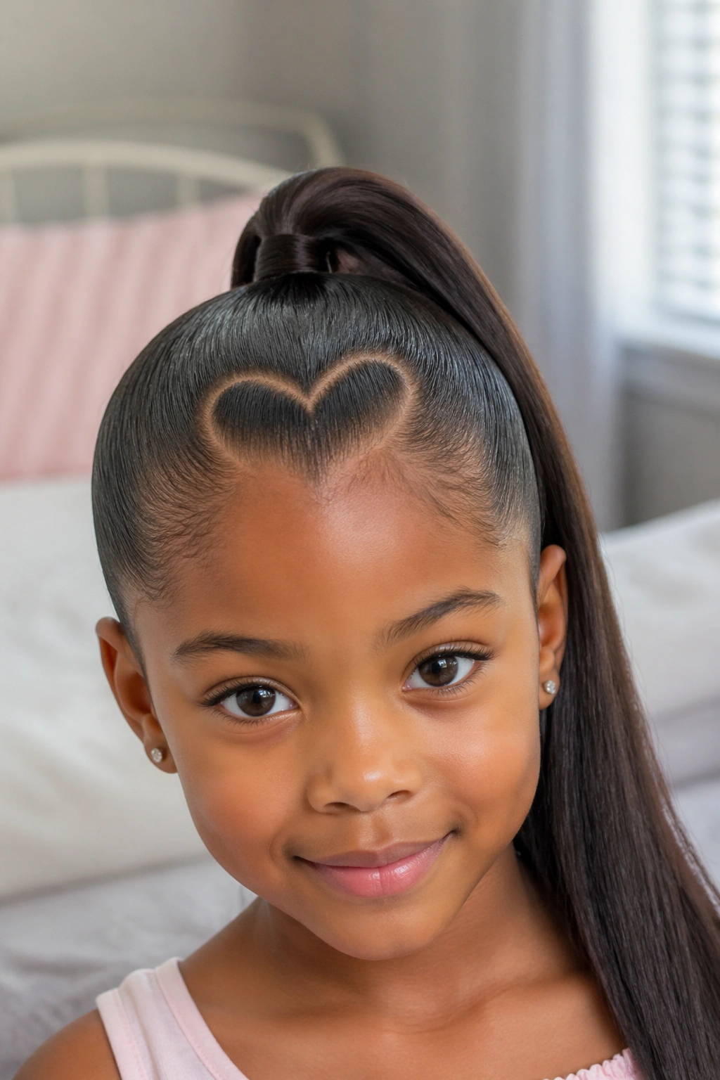 Close-up of a child with heart-part sleek ponytail in soft light