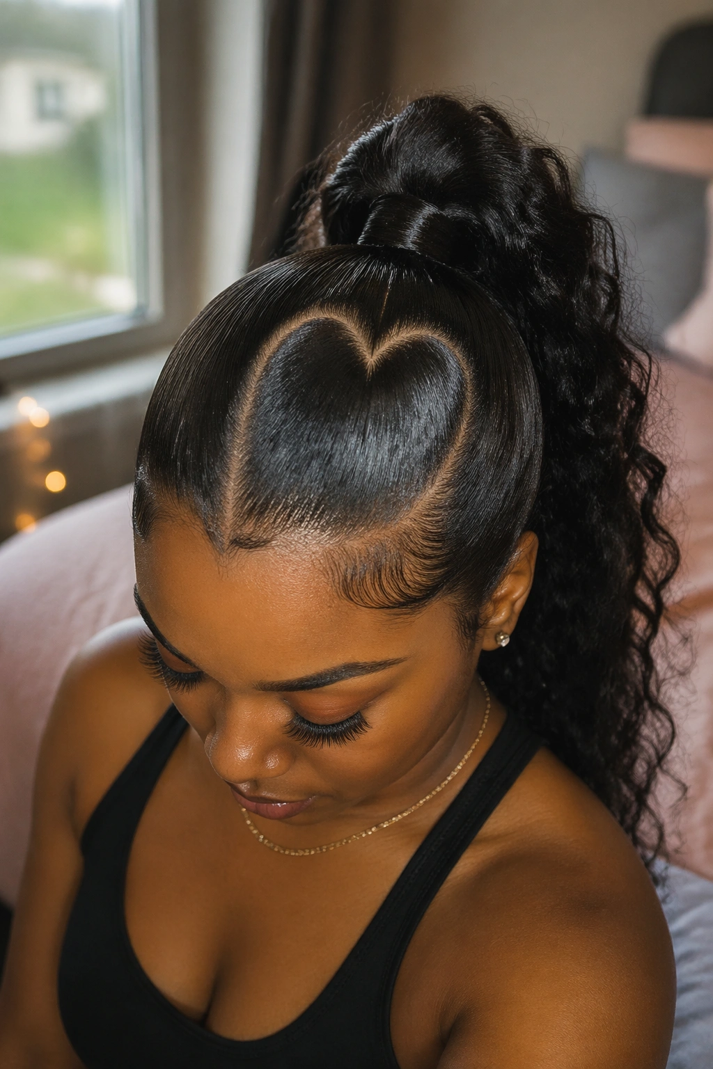 Close-up of a real woman with a heart-shaped part forming a ponytail.