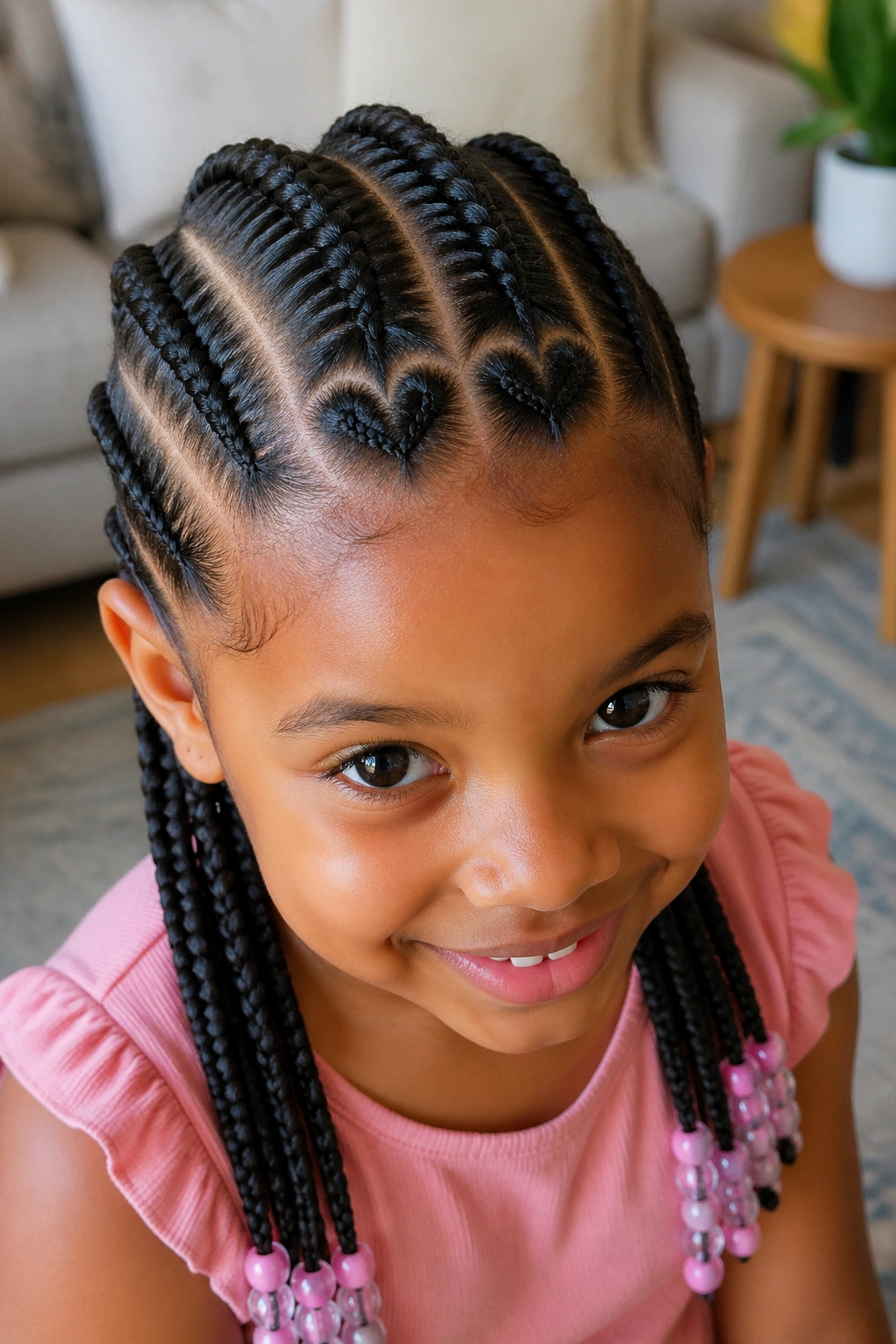 Real child with four cornrows and heart-shaped parts at the front