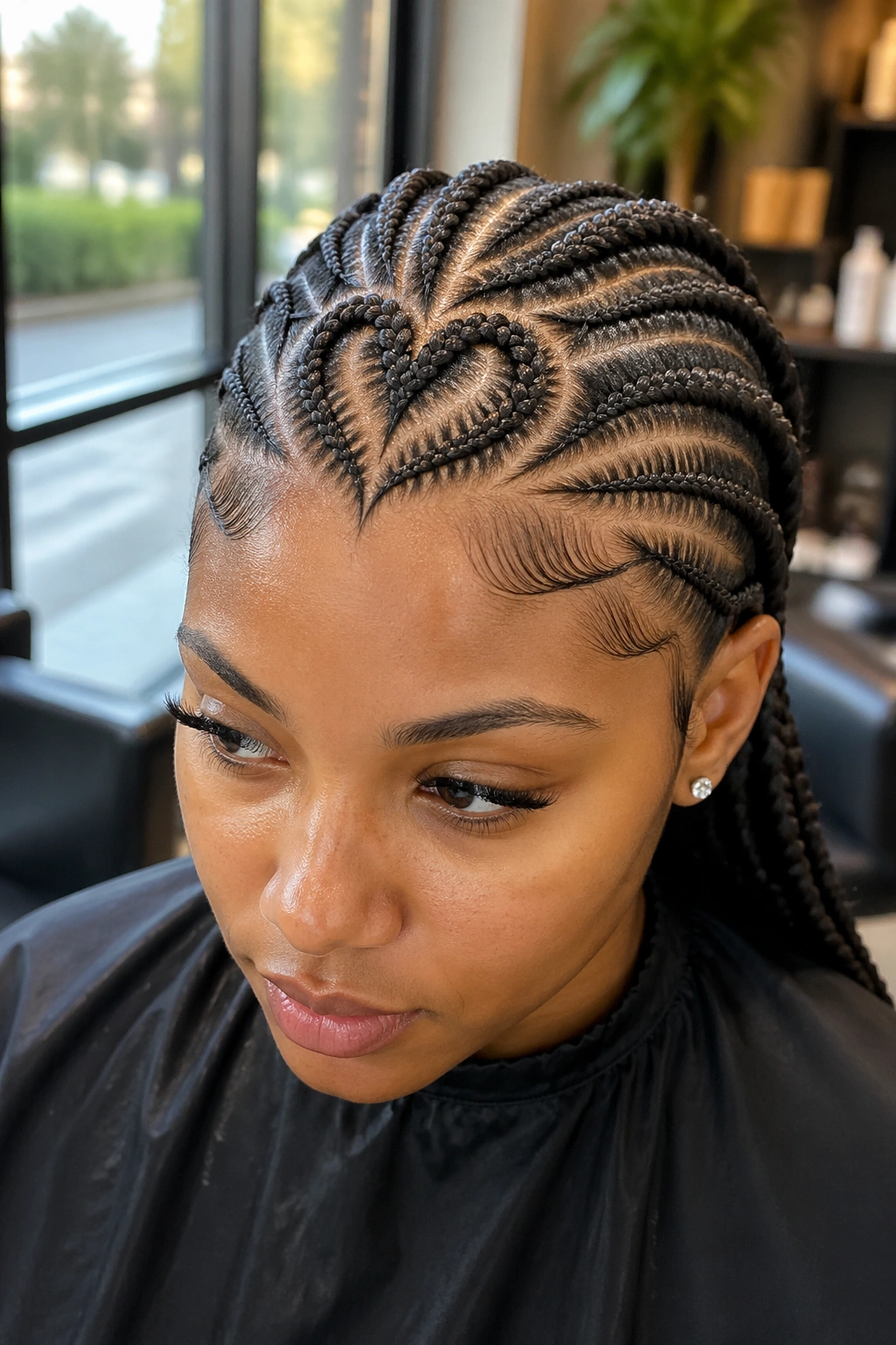 Close-up of a real person with heart-shaped cornrow pattern created by needle stitch along the hairline