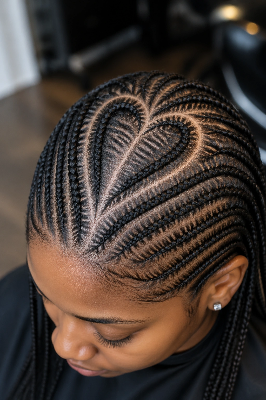 Close-up of a real person showing a heart-shaped knotless cornrow pattern at the crown.