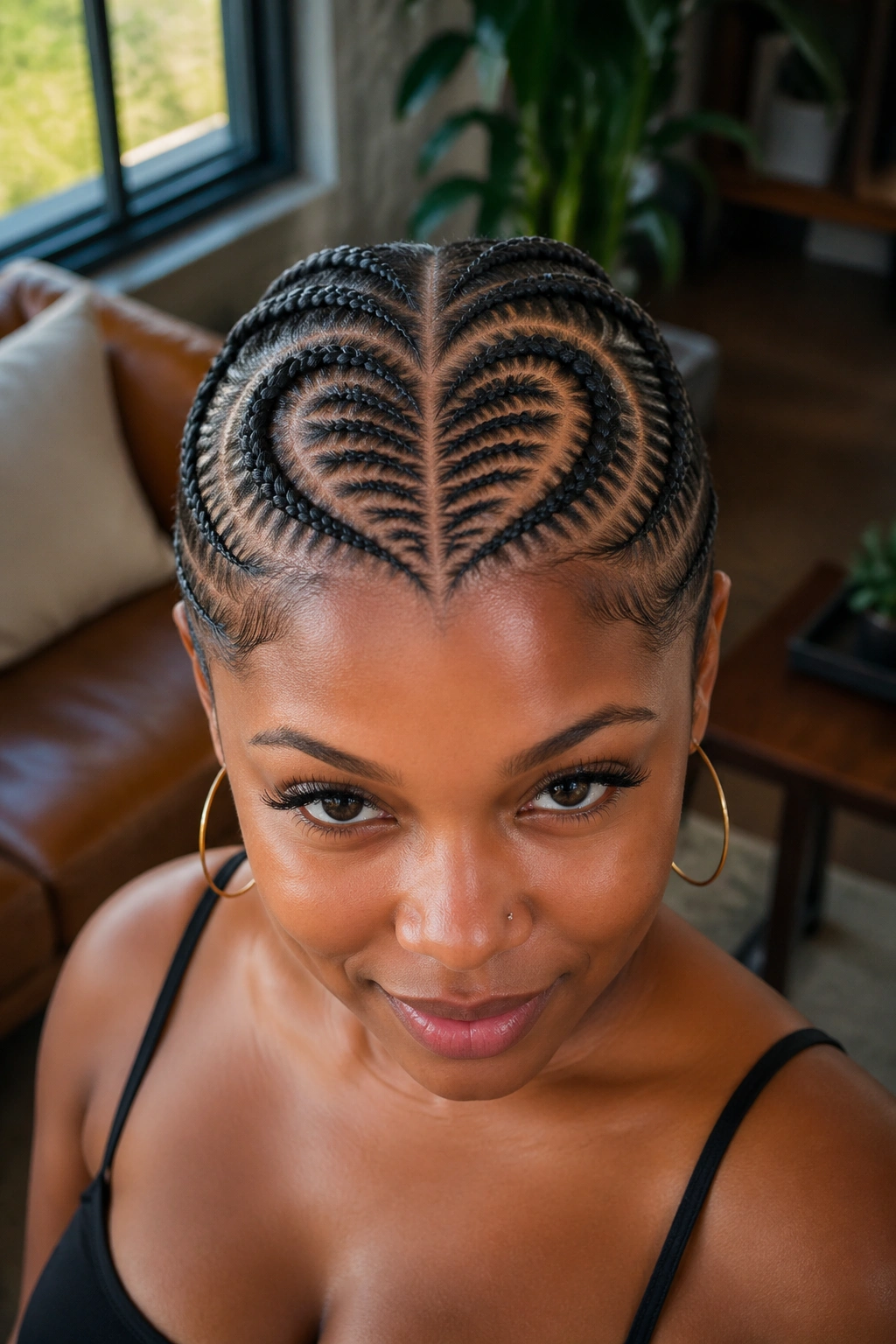 Real woman with heart-shaped stitch cornrows on the scalp