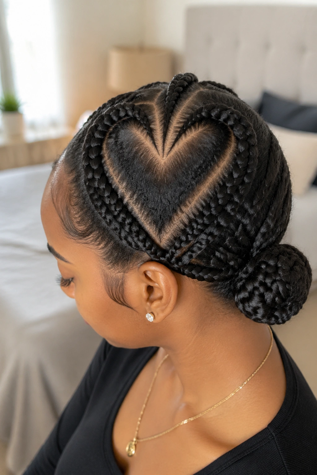 Close-up of a real woman with heart-shaped cornrows and bun at the nape