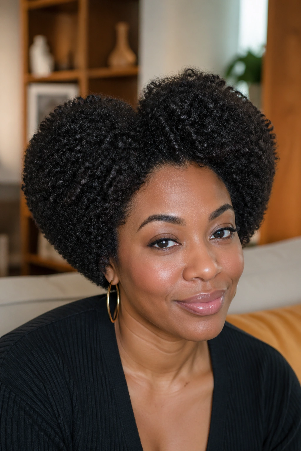 Front view of a real woman with a heart-shaped afro silhouette