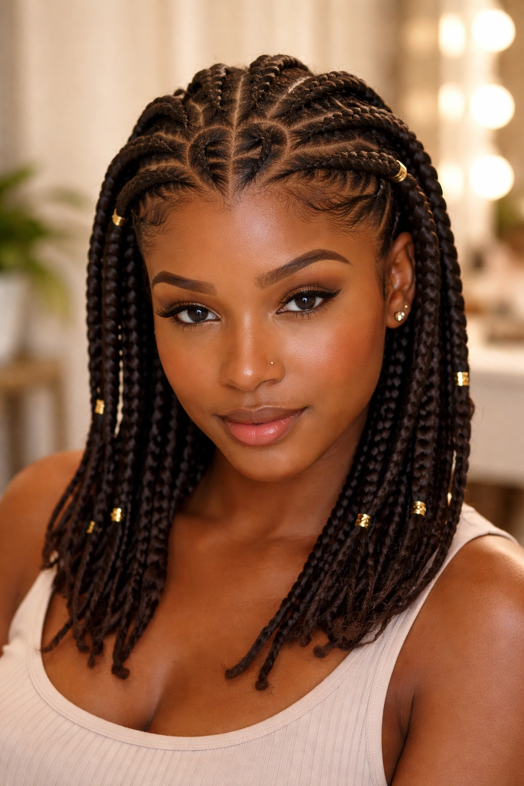 Portrait of a real woman with heart-shaped parts in her cornrow pattern.