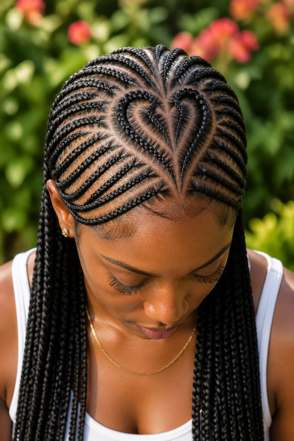 Heart-shaped crown cornrows on a real person with braids fanning from the heart