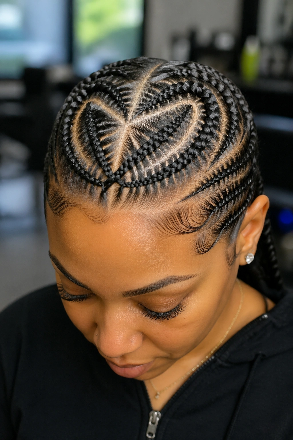 Heart-shaped criss-cross cornrows on the crown of a real person.