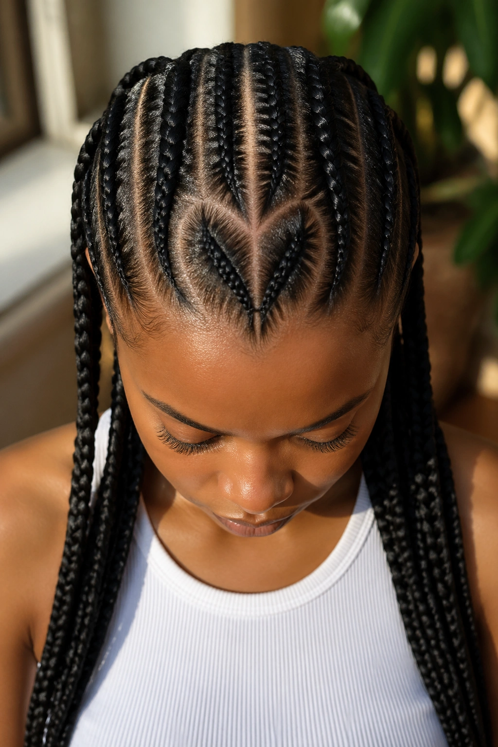 Portrait of a woman with a heart-shaped part and five flowing braids
