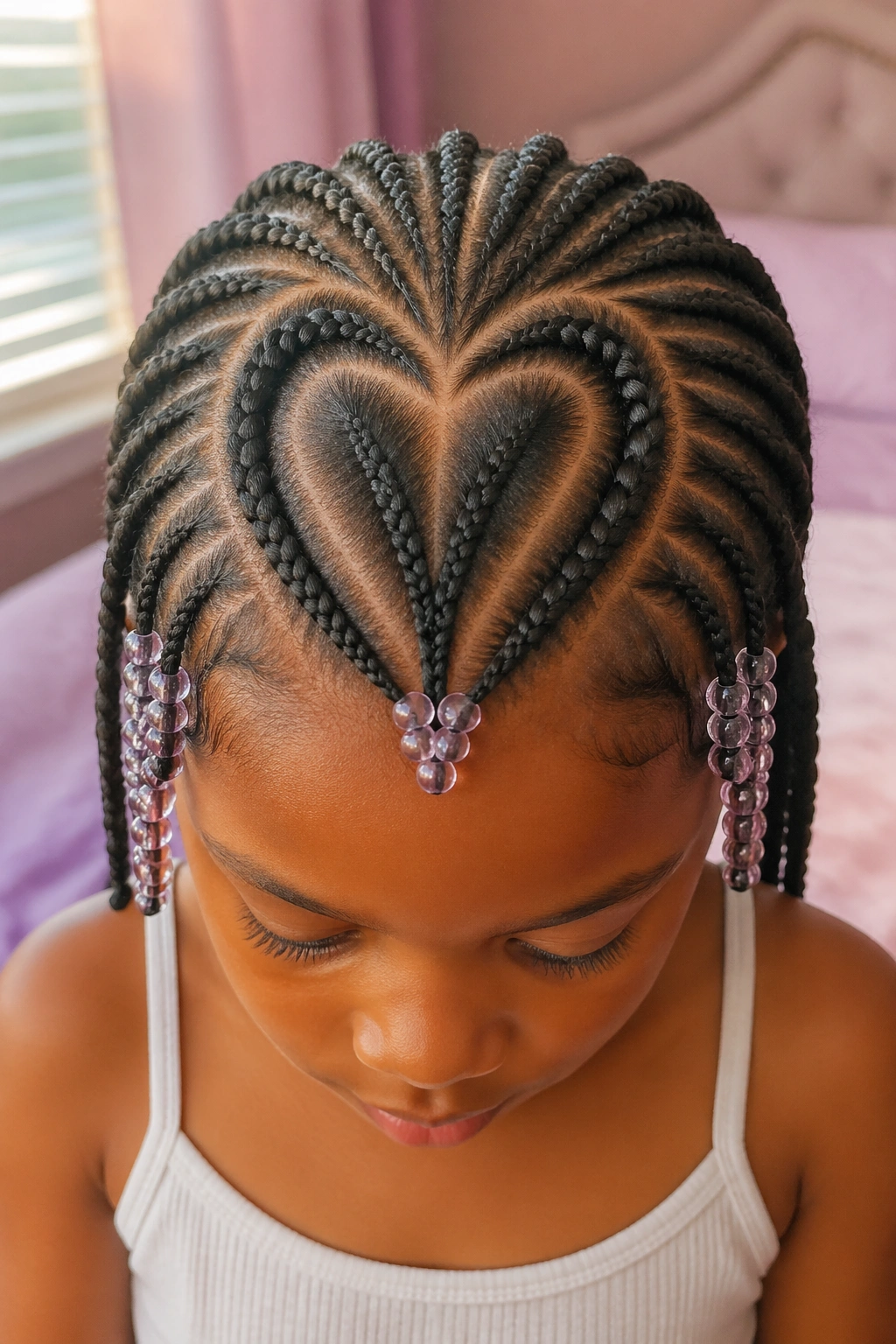 Close-up of a child's heart-shaped crown part with braids and bead tips
