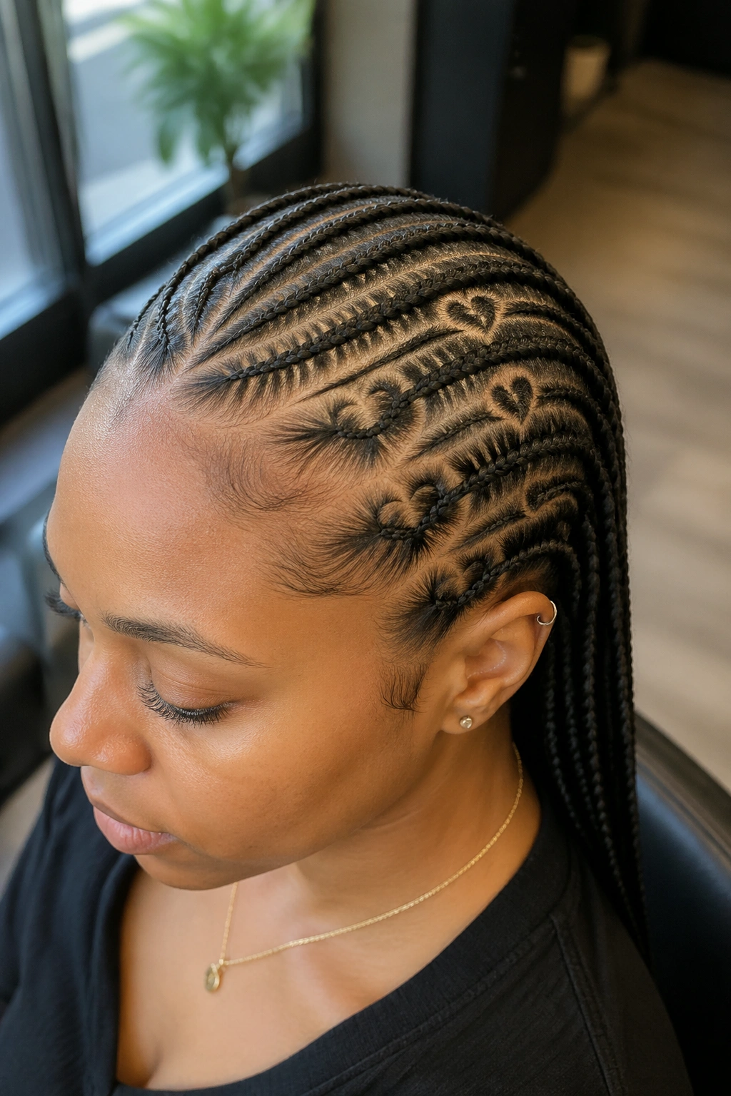 Close-up of a real woman with heart-shaped cornrow parts across twenty braids