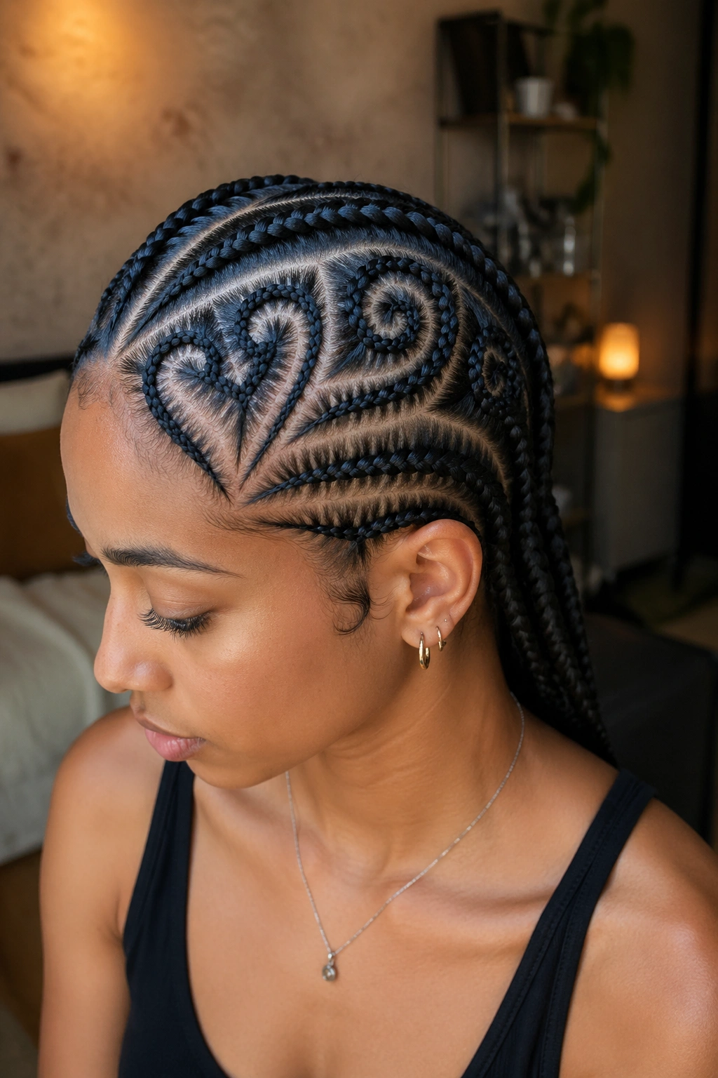 Close-up of a real person with heart and swirl cornrow patterns on opposite sides of the crown