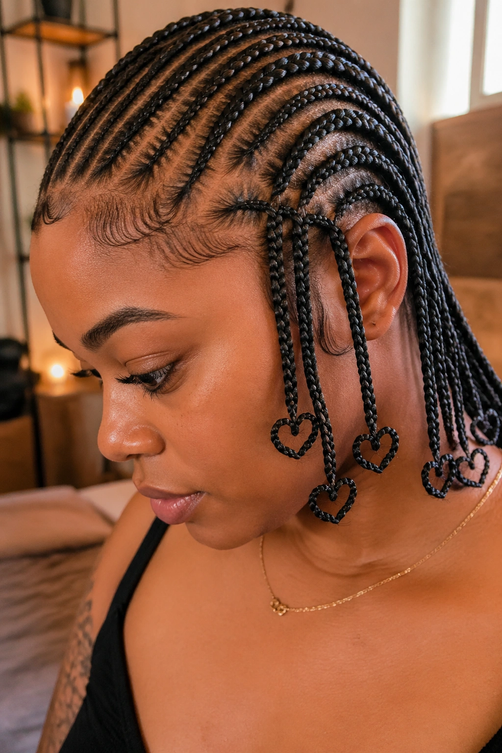 Close-up of real person showing heart-shaped tip ends on cornrows