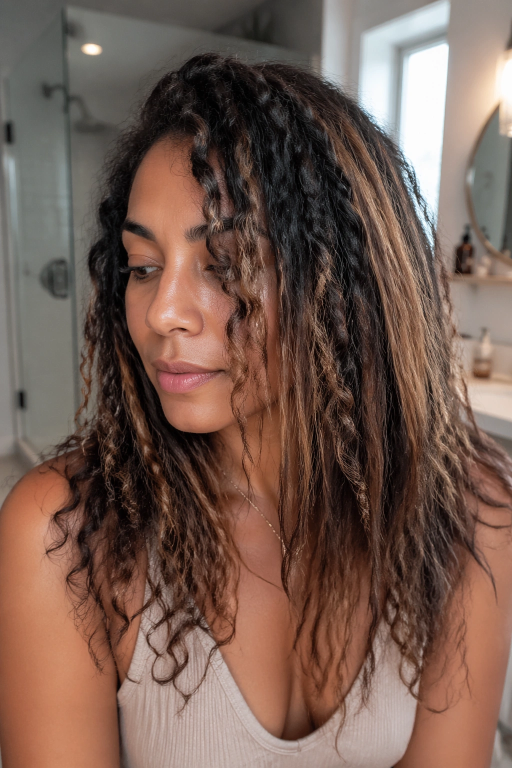 Close-up of real person with caramel highlights on heat-damaged natural hair
