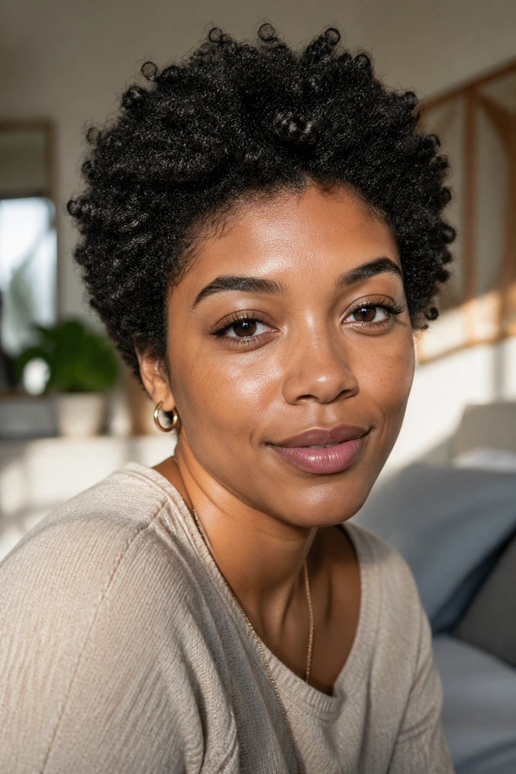 Close-up of a real woman with a short natural Afro, showcasing heat-free hair health.