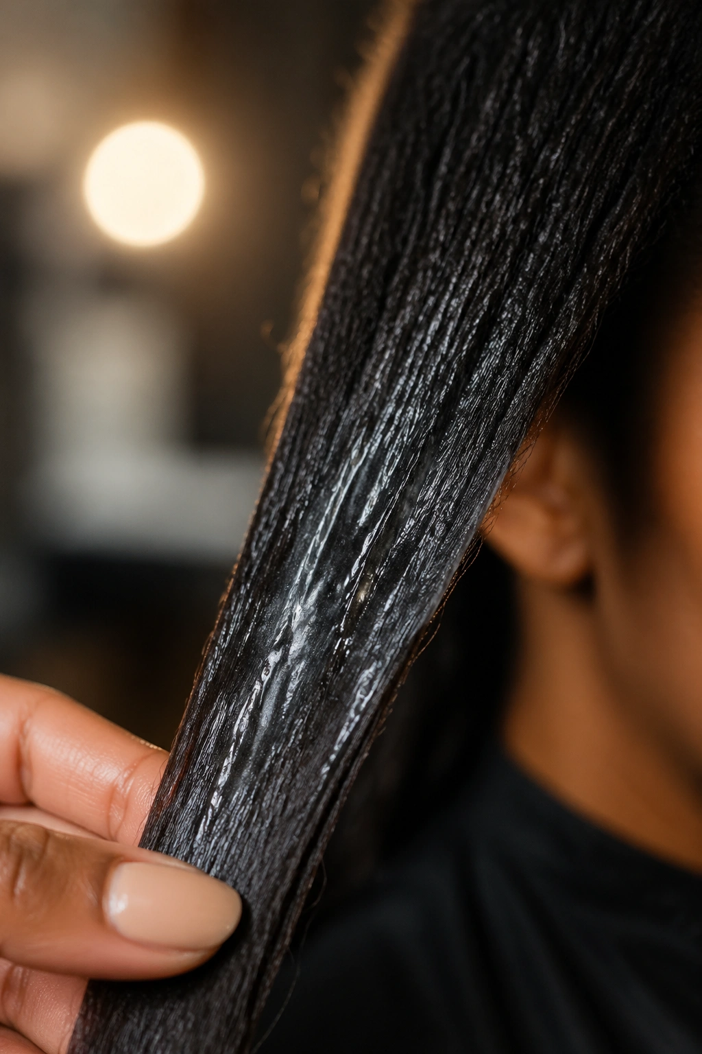 Hair strand with protective coating under warm salon lighting