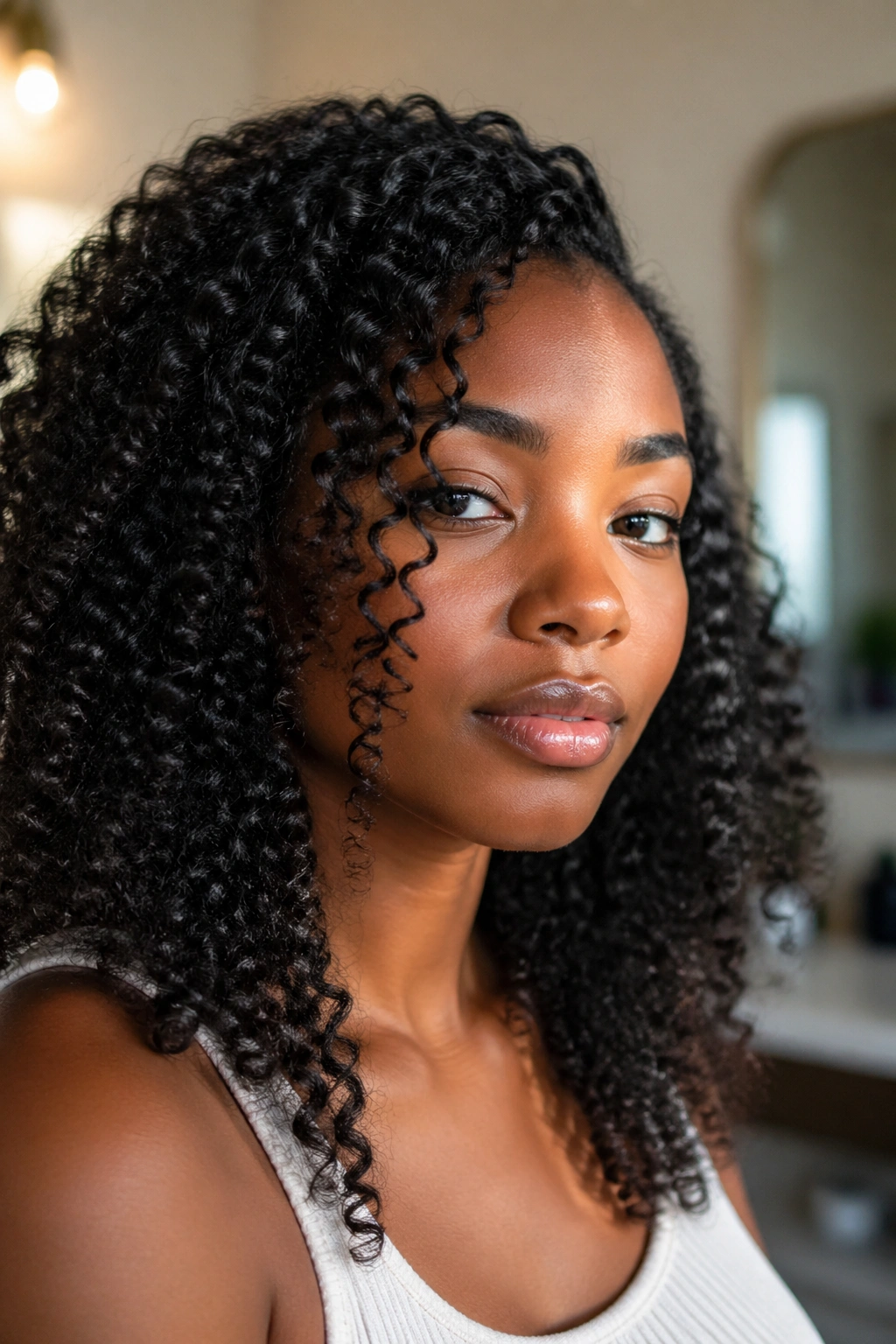 Close-up of real woman with healthy glossy natural hair.