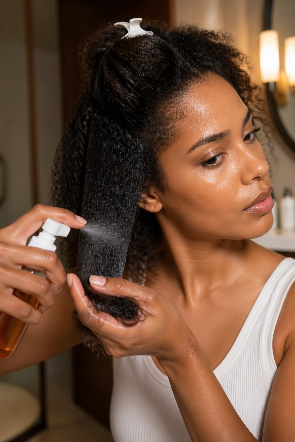 Close-up of hair being protected with heat protectant applied to strands