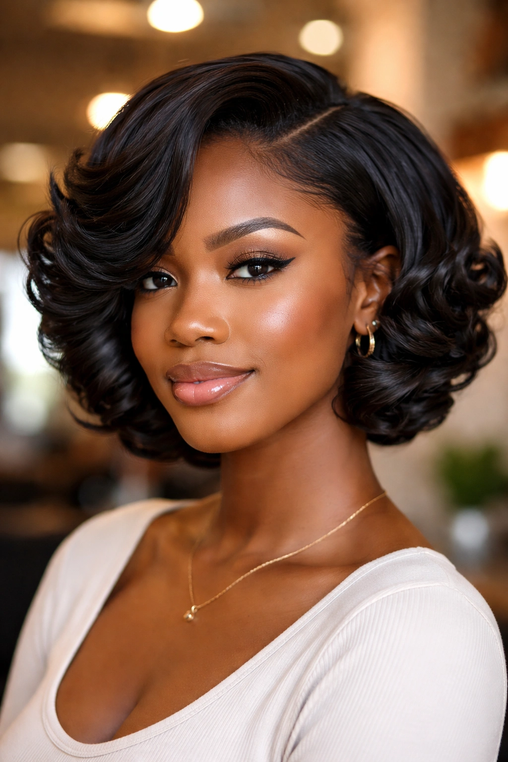 Close-up of a woman with a sleek pressed short hairstyle in a warm salon setting